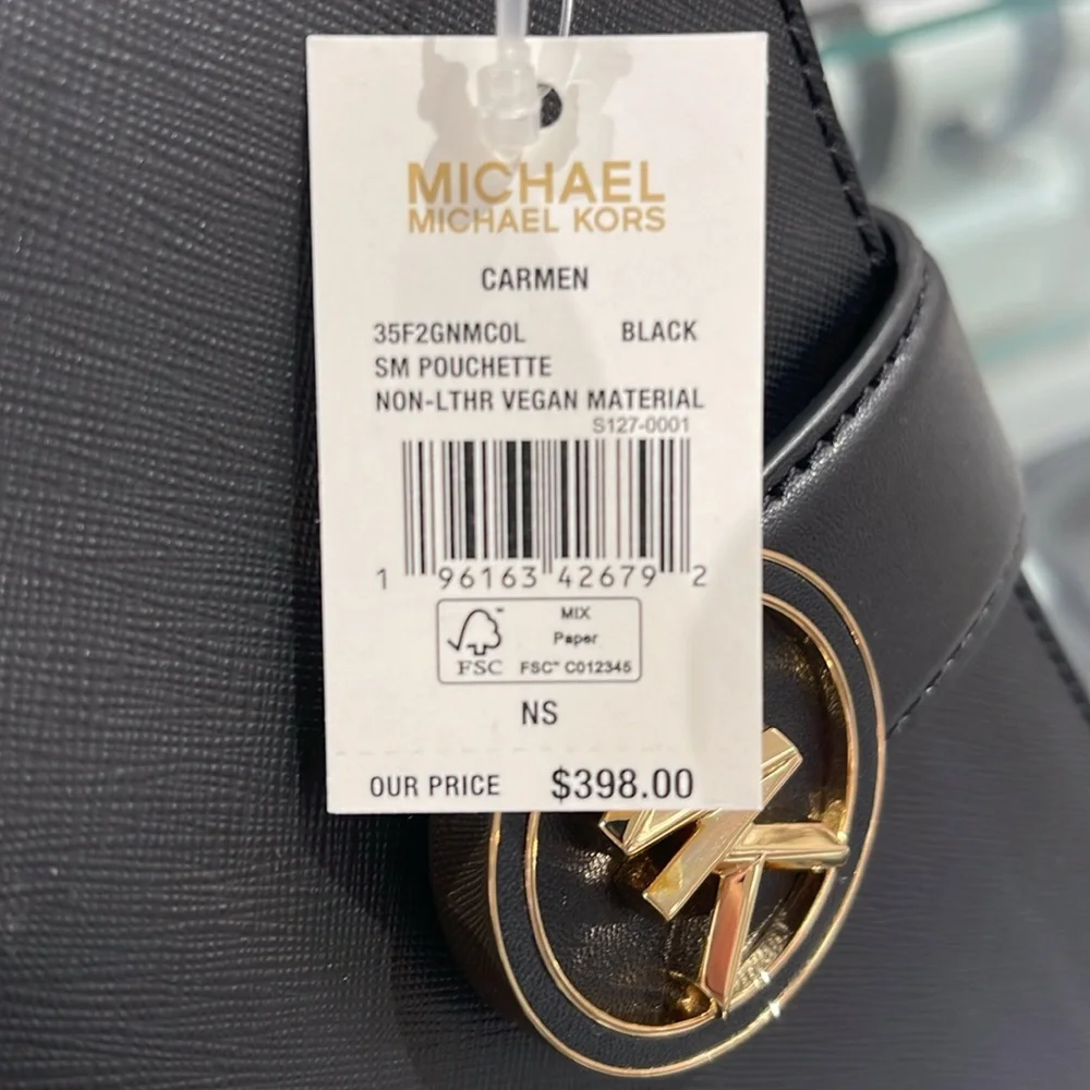 MICHAEL KORS CARMEN SMALL POUCHETTE SHOULDER CHAIN BAG BLACK/GOLD TONED HARDWARE - Picture 16 of 16